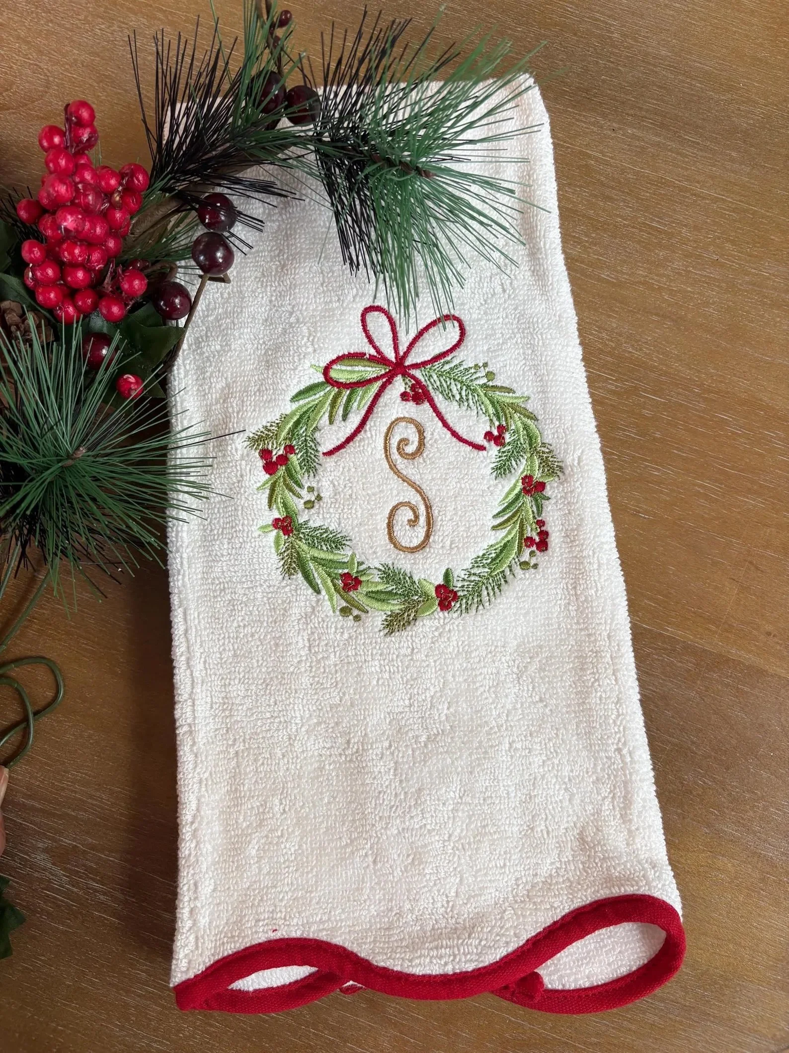 Christmas Wreath Monogrammed Hand Towel