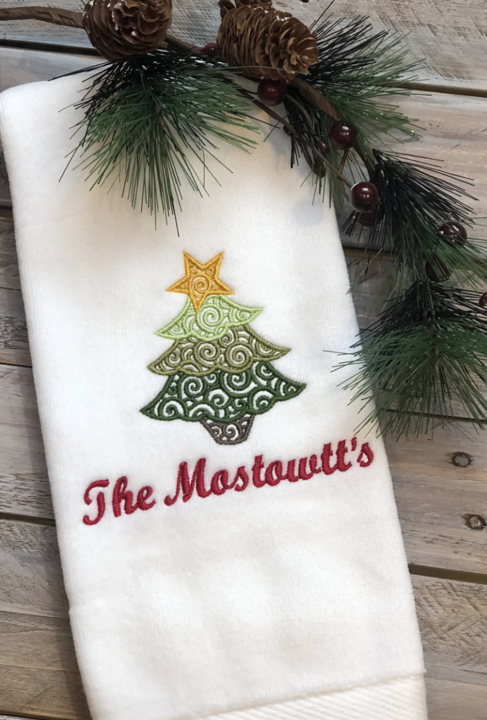 Christmas Tree Scroll Embroidered Towel