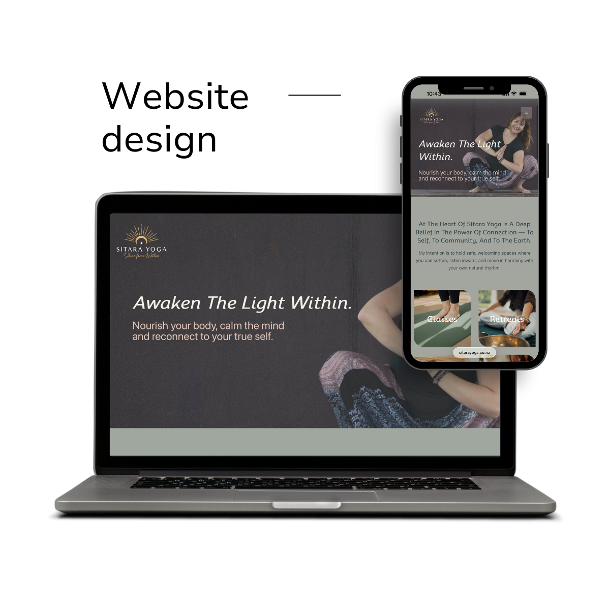 Laptop and smartphone displaying the same website for Sitara Yoga with the slogan "Awaken The Light Within" and images of yoga classes and retreats.