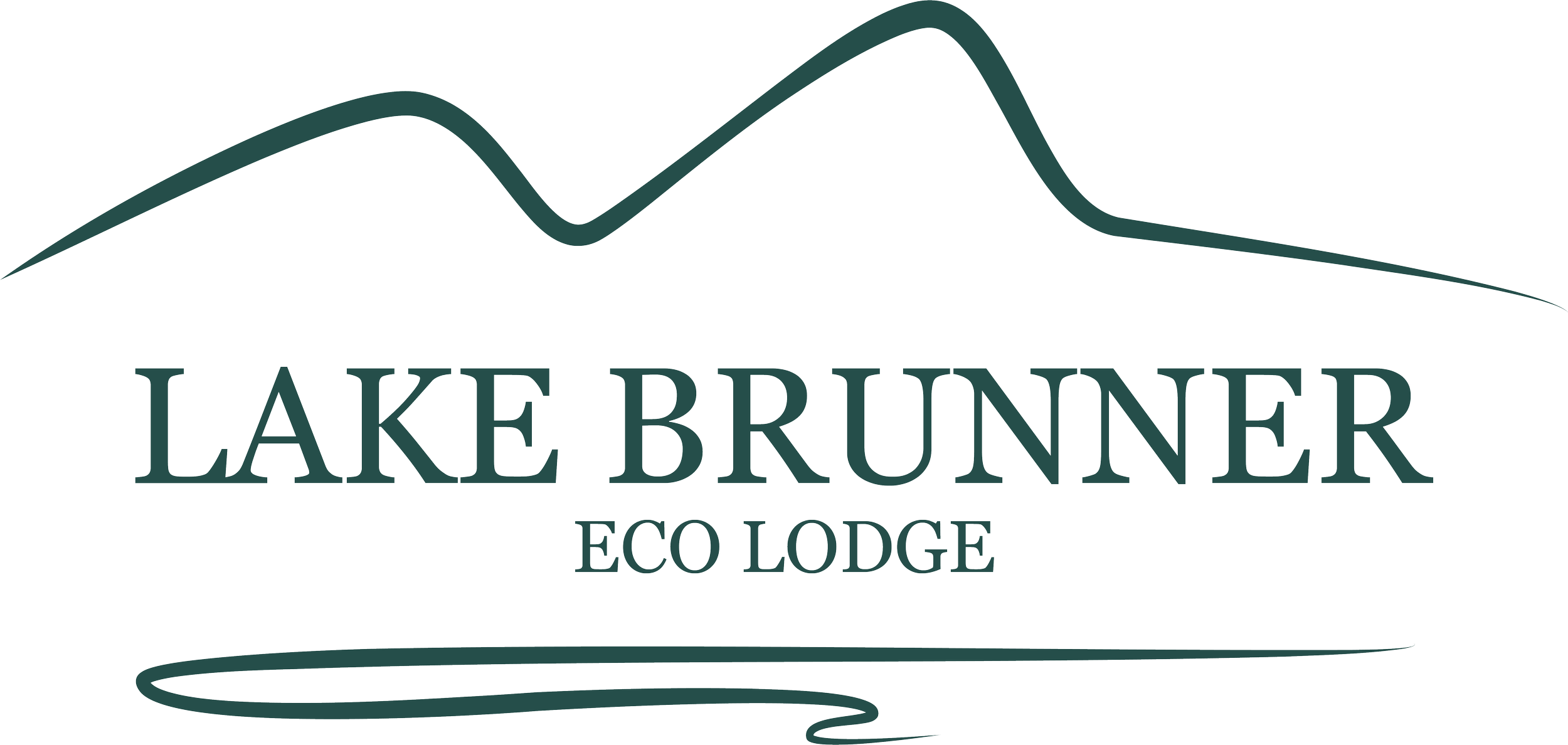 Logo of Lake Brunner Eco Lodge featuring mountain line art, a stylized lake and mountains designed by Blue Crow Digital.