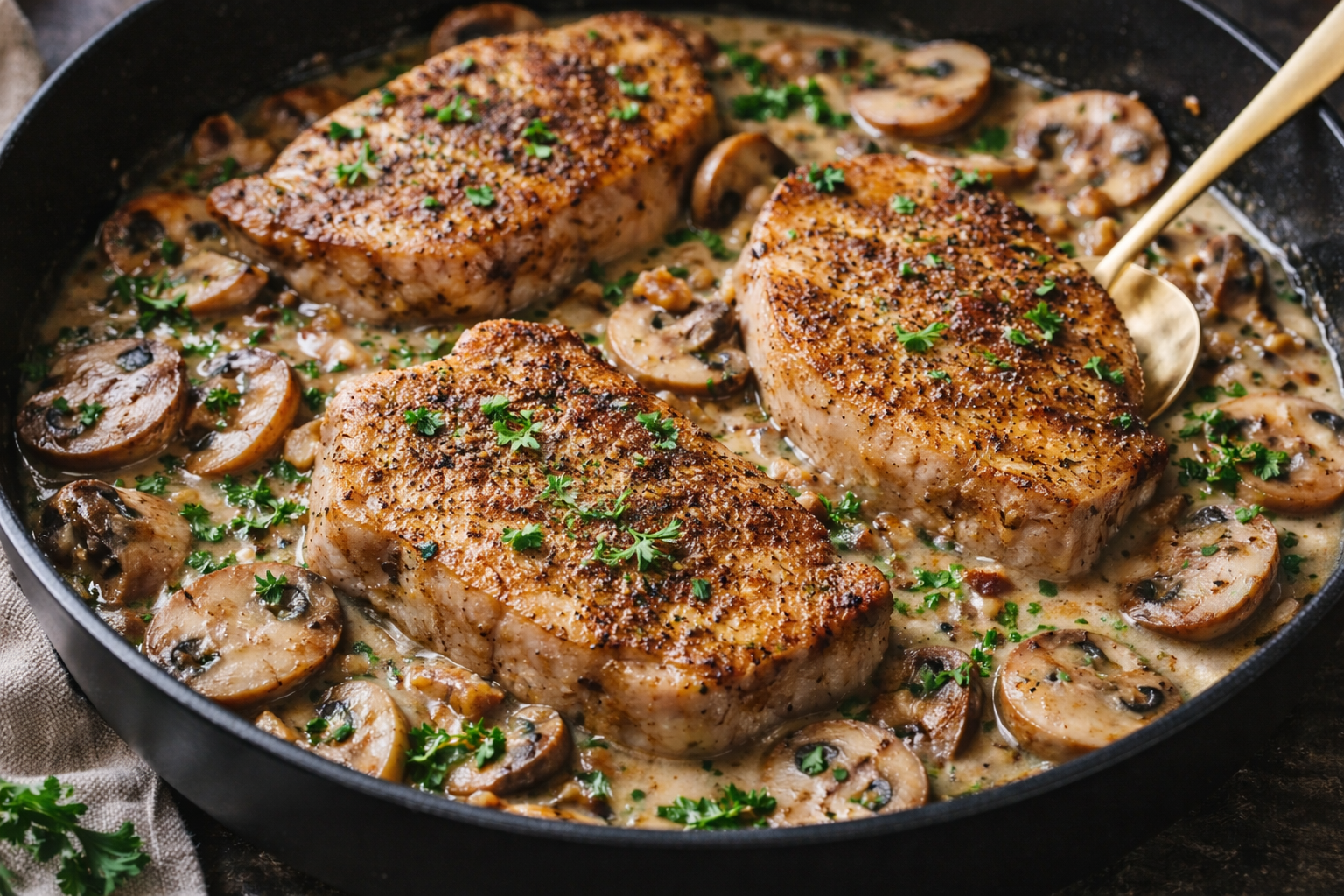 One-Pan Pork Chops with Garlic Mushroom Pan Sauce