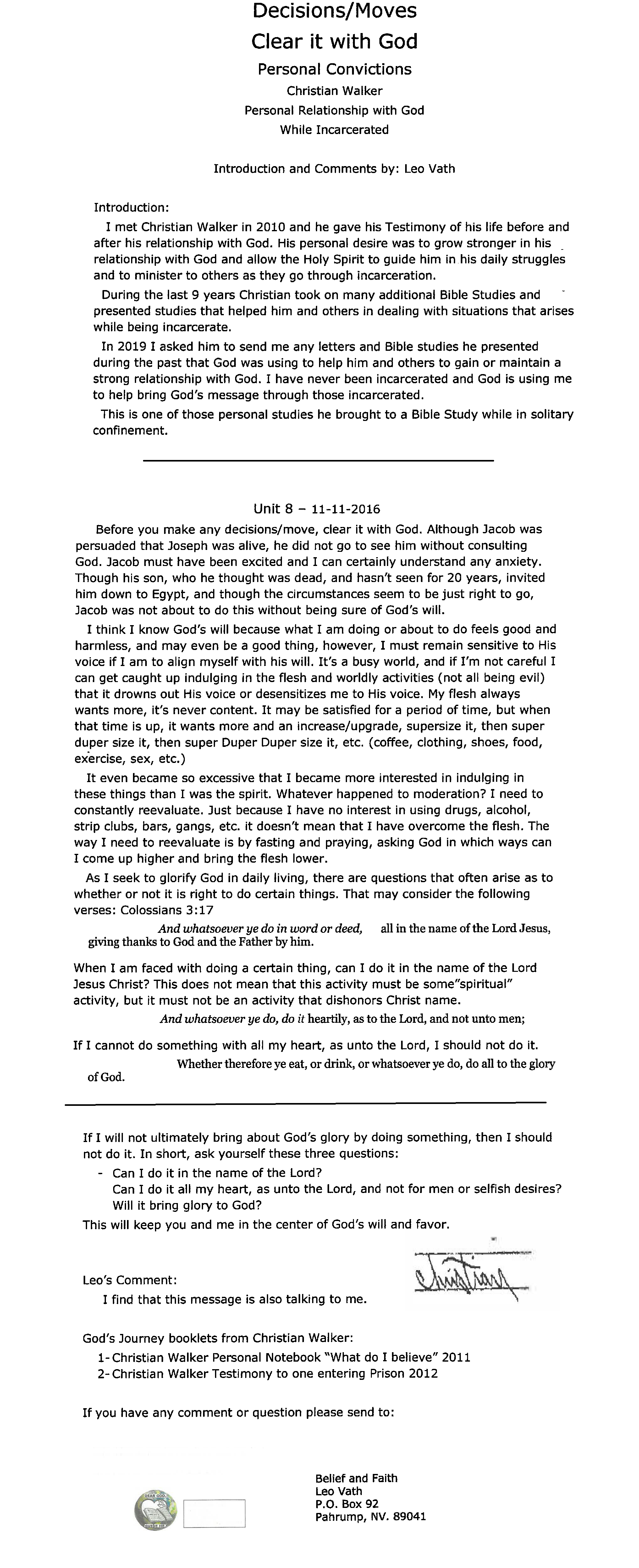 Decisions/Moves (Clear it with God) Personal Convictions