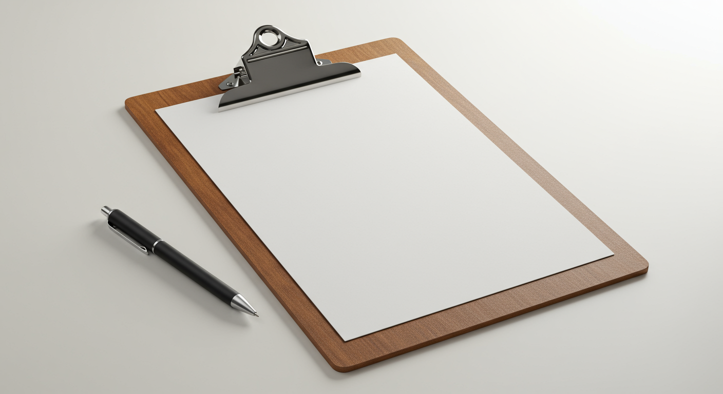 A clipboard with a blank white sheet of paper and a black pen on a white surface.