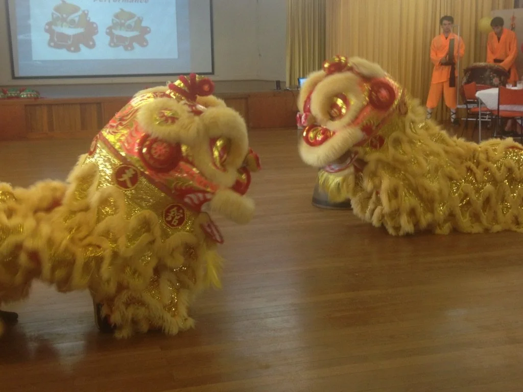Two performers in traditional Chinese lion dance costumes with yellow fur and red decorative details performing on a wooden floor. In the background, there are two individuals in orange martial arts uniforms and a presentation screen.