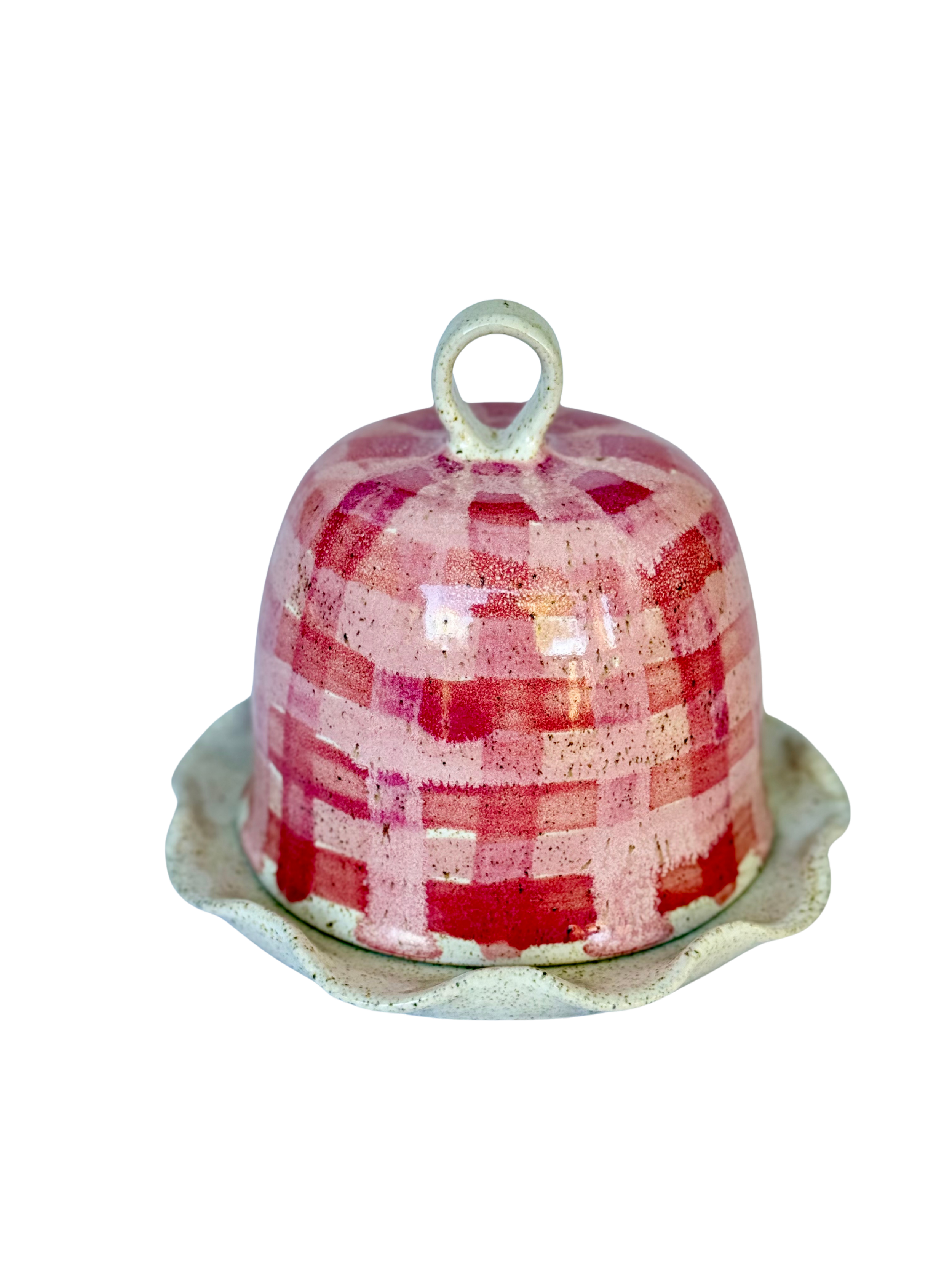 Pink and Red Gingham Bell-Style Butter Dish