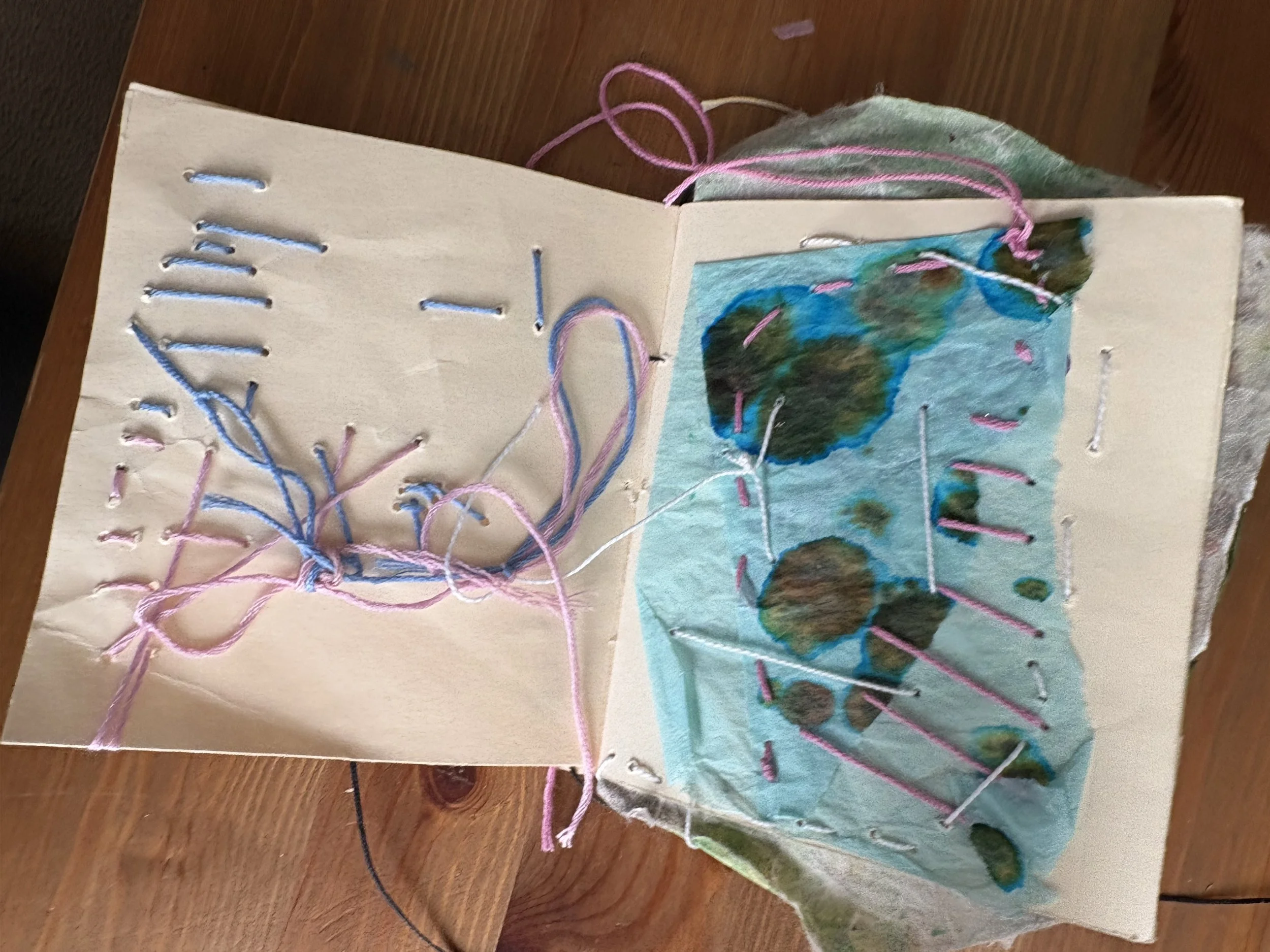 An open handmade embroidery book with colorful embroidered tree images on fabric pages and pink, white, and blue embroidered thread lace threading through the page holes.