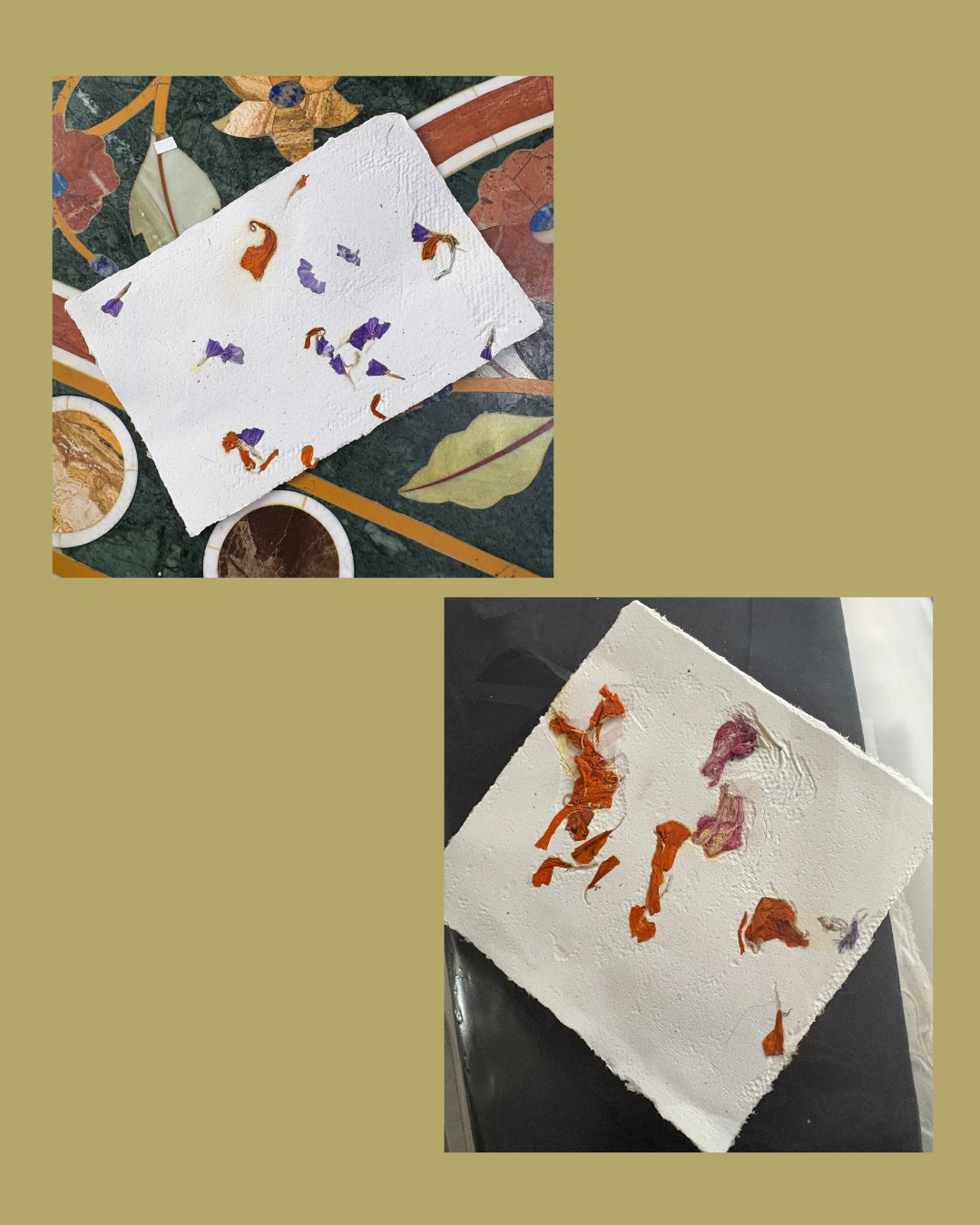 Two images showing pieces of white textured paper with dried flower petals on top, placed on different backgrounds.