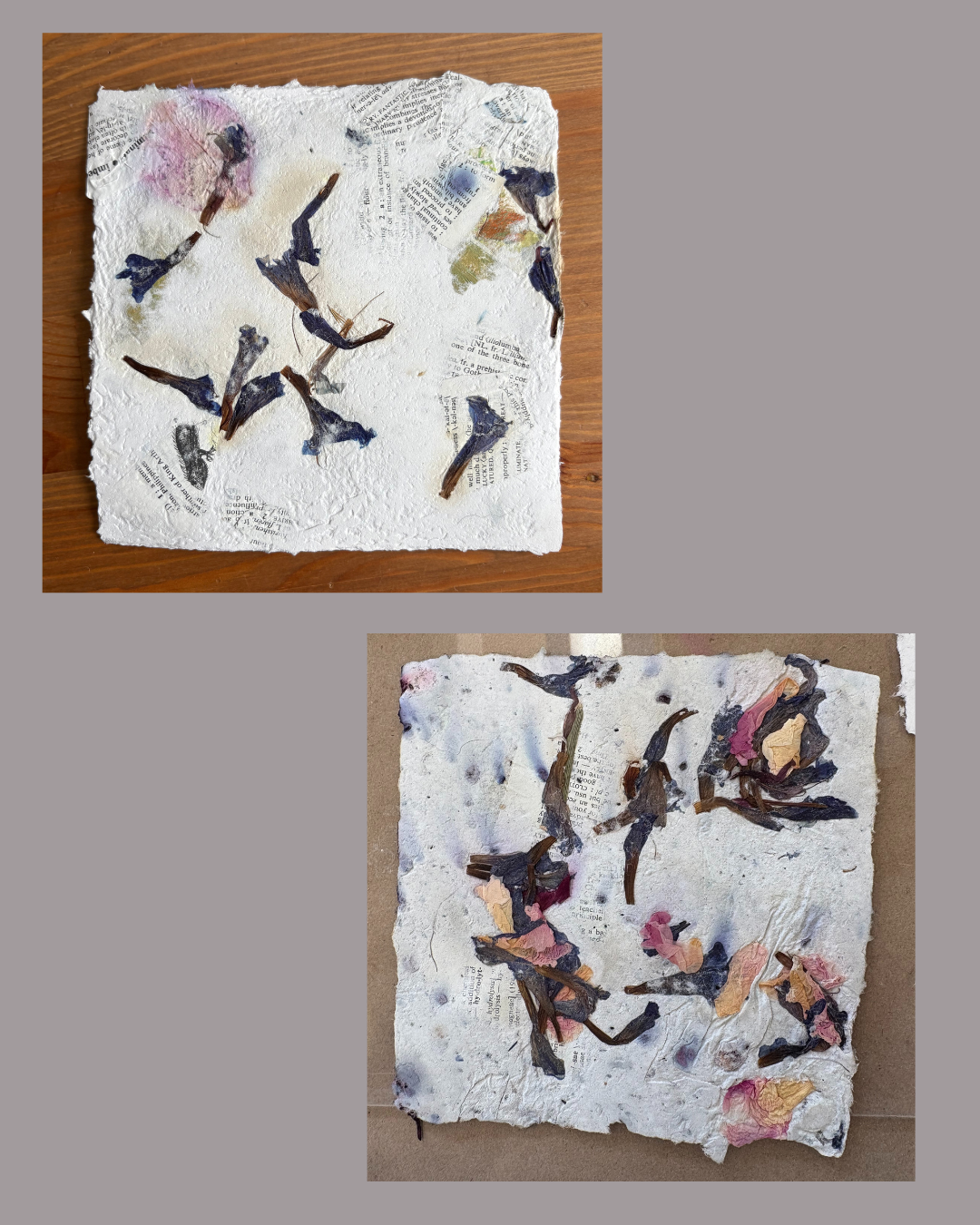 Mixed media art pieces on textured paper with dried flowers and newspaper clippings, displayed on wooden and cardboard surfaces.