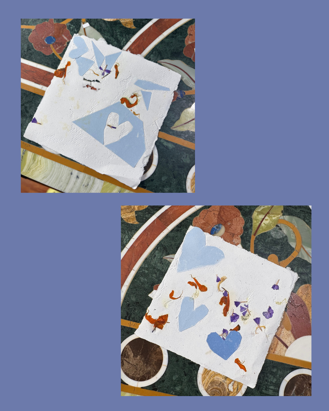 A collage of two images showing a white textured paper with blue hearts and small dried flower petals, placed on a colorful marble tabletops with other natural stones and leaves.