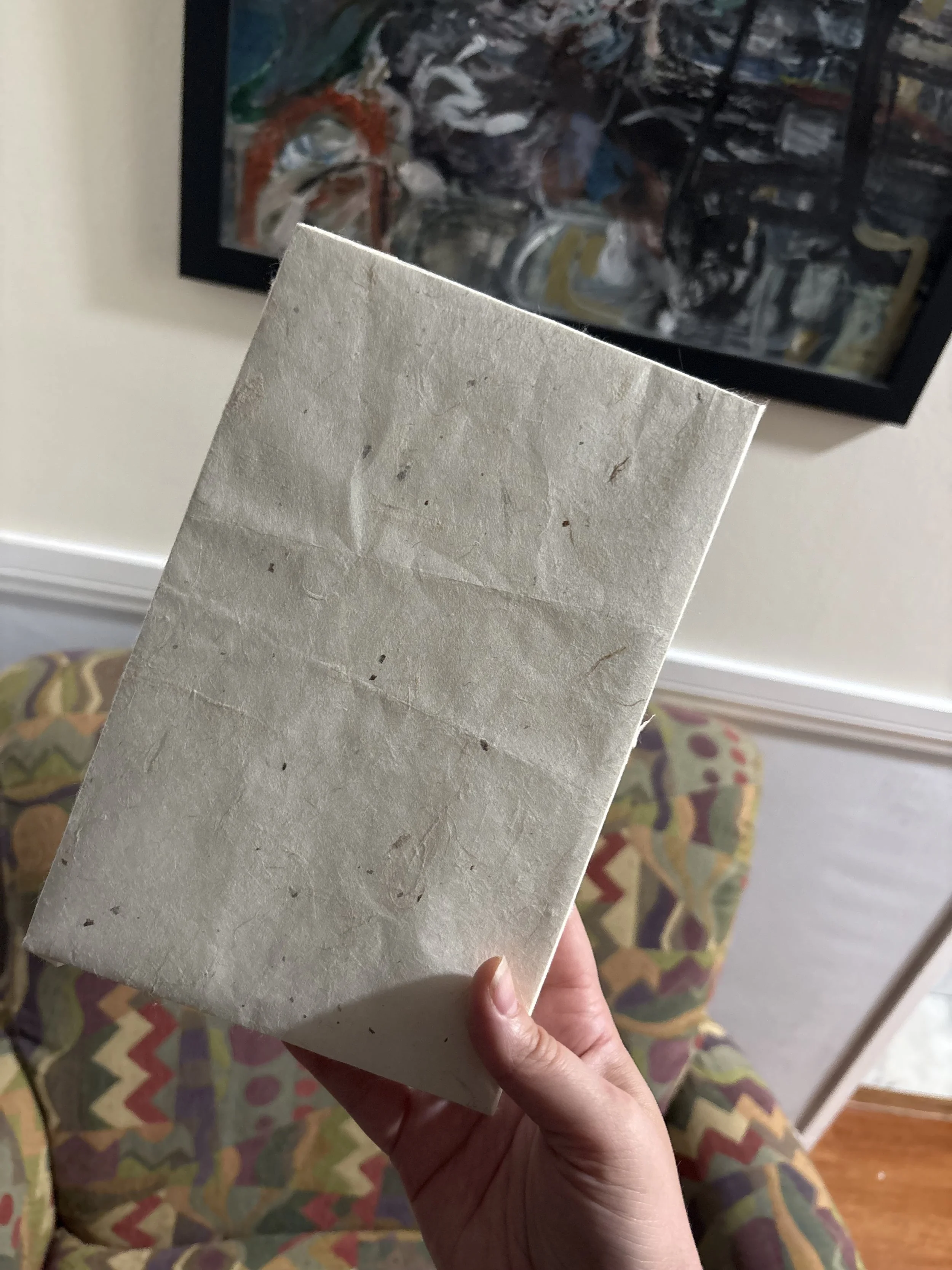 A person holding a plain, unmarked, slightly crumpled cardboard box in front of a patterned armchair and an abstract painting in a room.
