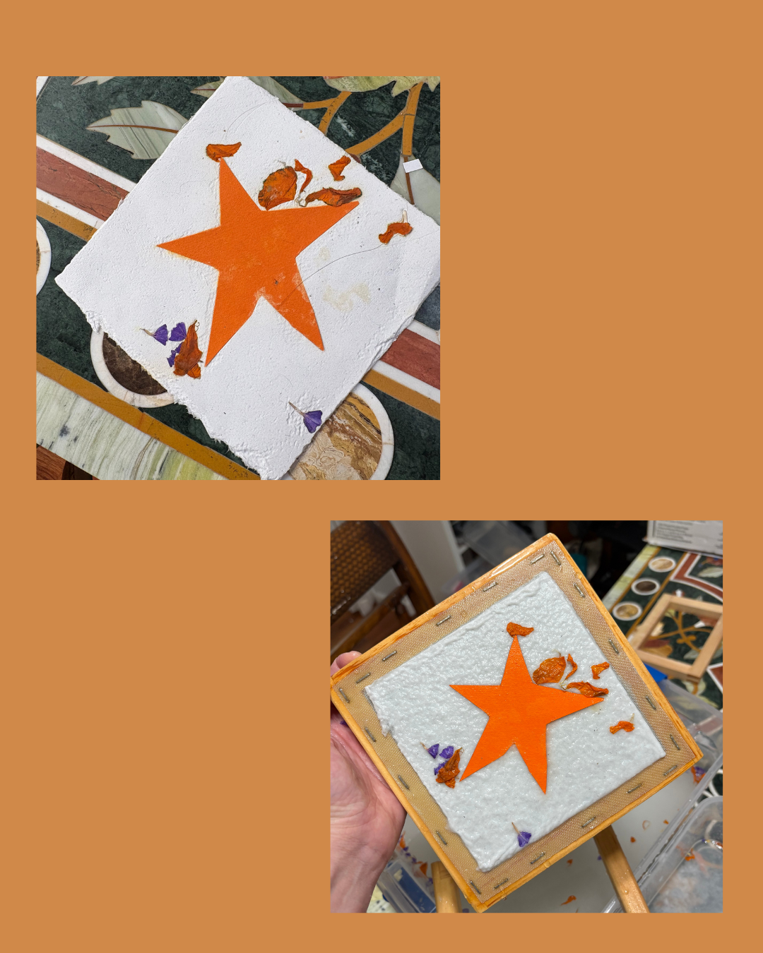 Two photos of a craft project with an orange star, purple flower petals, and orange tissue paper on white textured foam board.