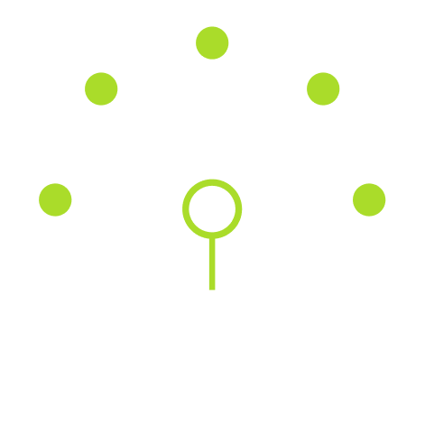 Lightbulb icon surrounded by green dots on a black background.