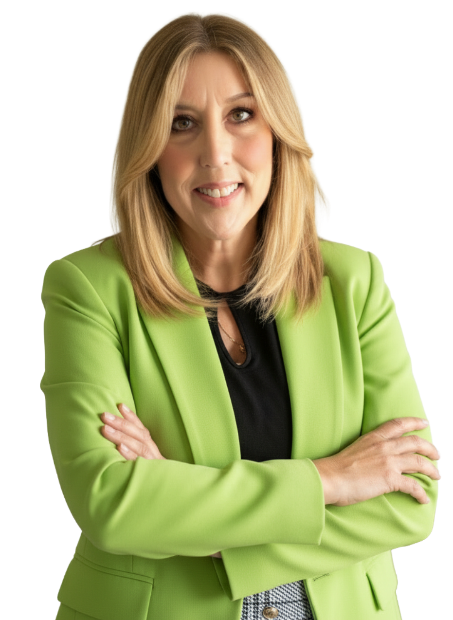A woman with blonde hair wearing a green blazer and black top, smiling with arms crossed.