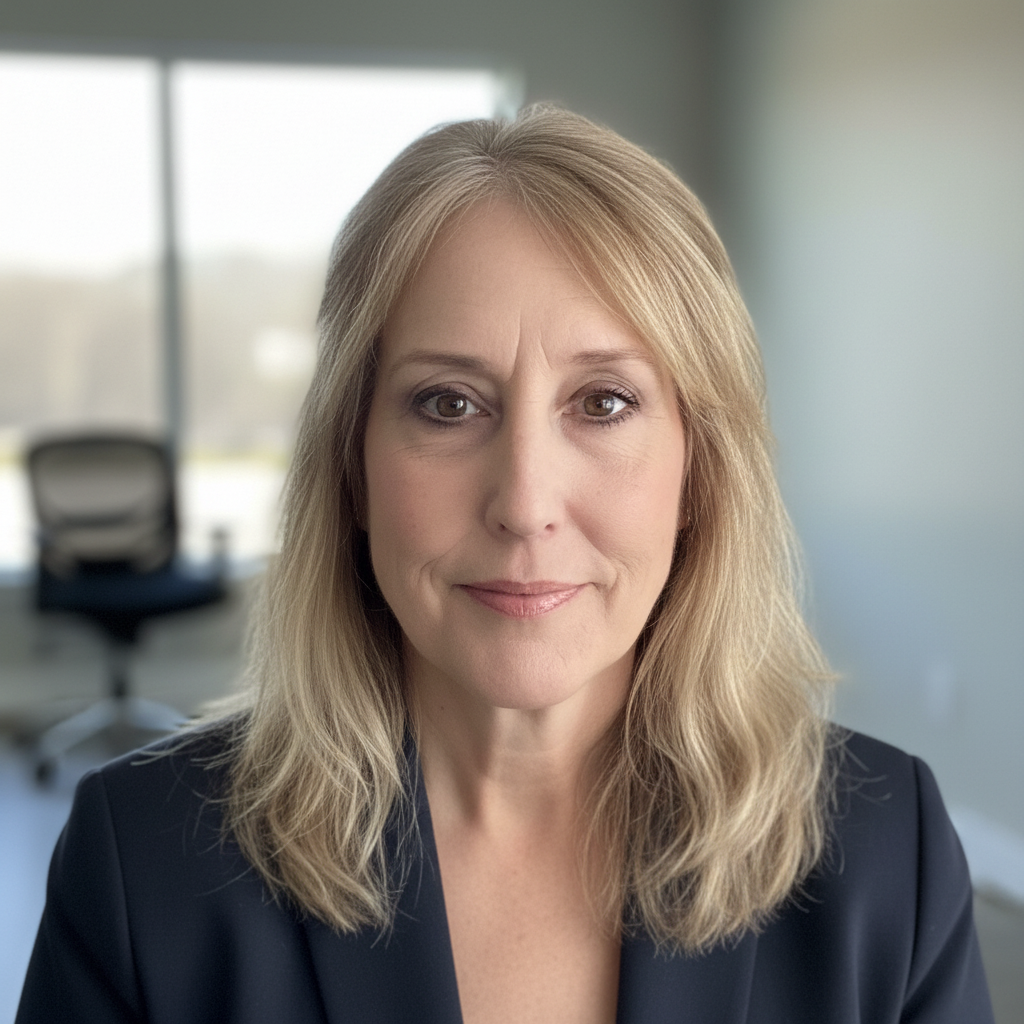 Portrait of a middle-aged woman with blonde hair, wearing a dark blazer, in an office setting with a blurred background