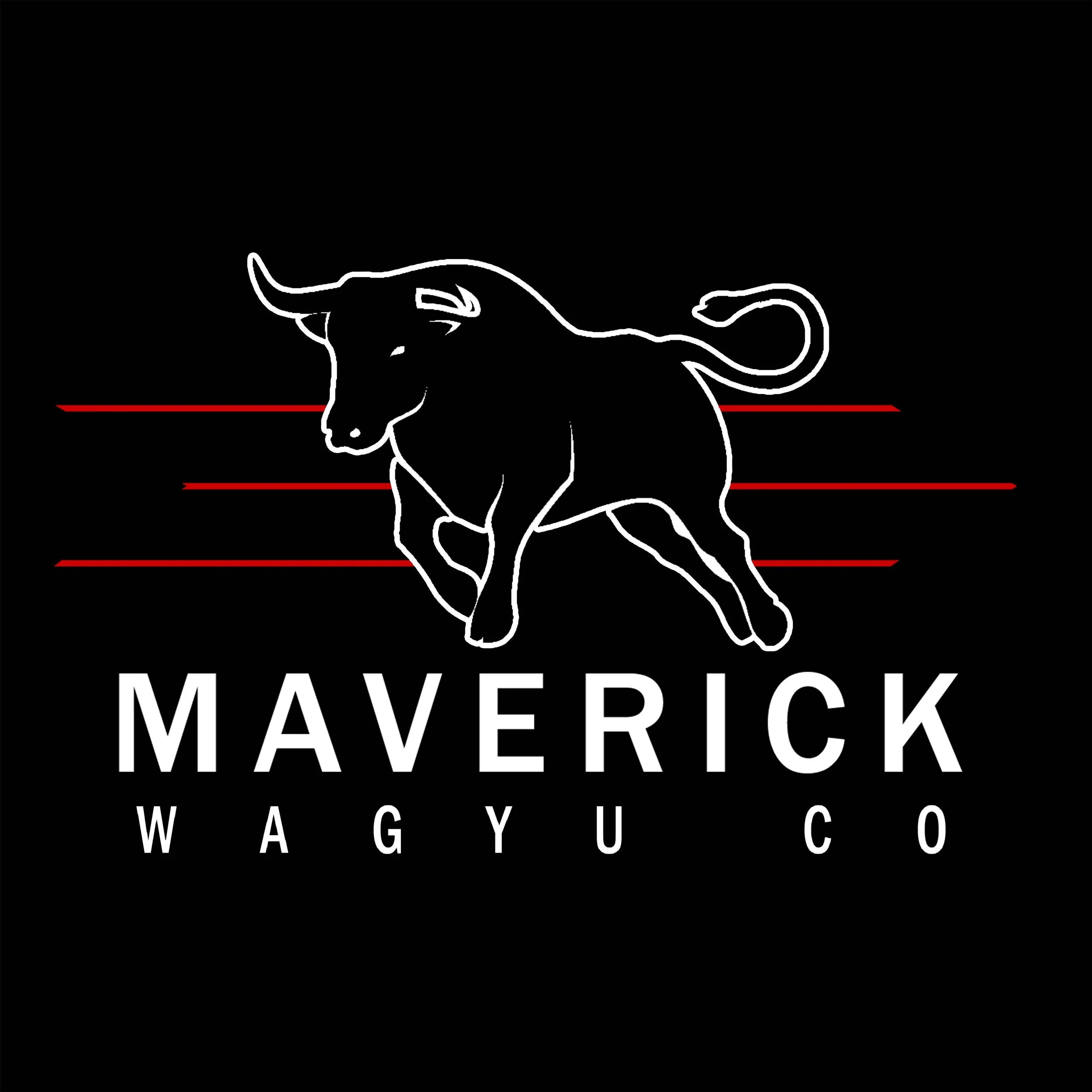 Logo featuring a stylized white outline of a galloping buffalo with red lines in the background, and the text 'MAVERICK WAGYU CO' underneath.