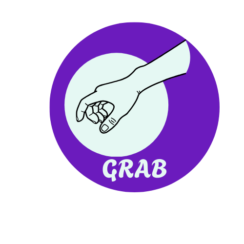 An illustration of a hand grabbing a small object, with the word 'CRAB' written below, against a purple circular background.