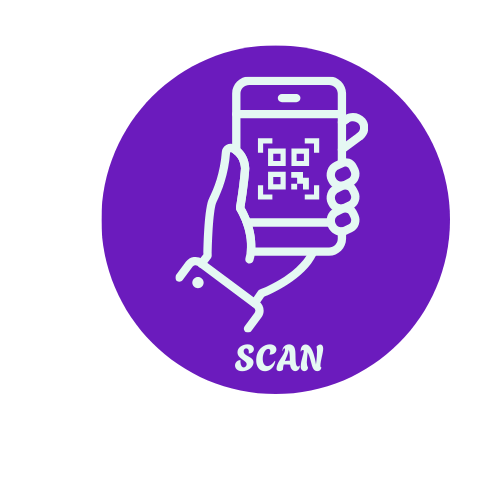 Illustration of a hand holding a smartphone with a QR code on the screen, purple background, and the word 'SCAN' below.