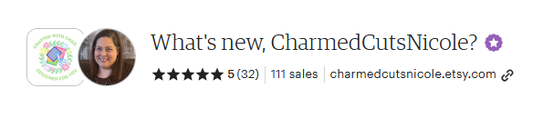 Etsy shop banner for 'What's new, CharmedCutsNicole?', featuring a profile picture of a smiling woman with dark hair and a logo with a star and circular design.