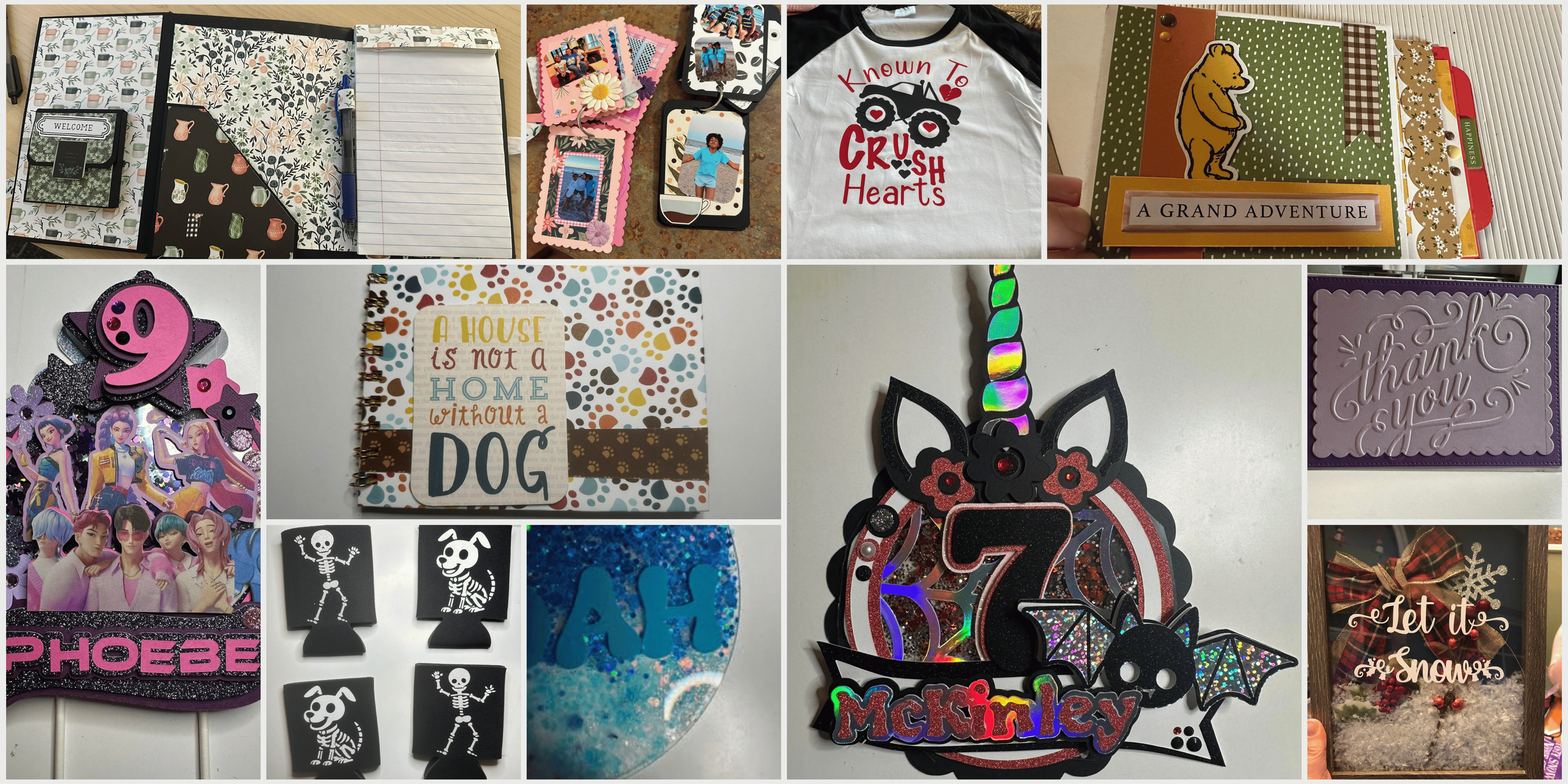 A collage of various items including notebooks, photo cards, a children's t-shirt, thanks and birthday cards, a decorative unicorn, a birthday badge, stickers, and holiday-themed decorations.