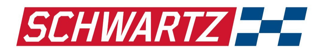 Black and blue checkered flag next to the red and white 'Schwartz' logo.