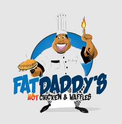 Cartoon chef holding a spatula and a fried chicken drumstick in front of a blue circle with the text "Fat Daddy's Hot Chicken & Waffles"
