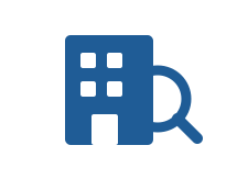 Icon of a building with a magnifying glass indicating search or inspection.