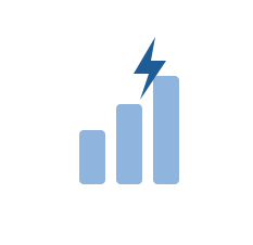 A bar chart with three vertical bars increasing in height from left to right, topped with a lightning bolt symbol.