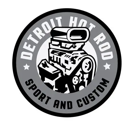 Logo of Detroit Hot Rod, featuring a stylized hot rod car in black and white with text 'Detroit Hot Rod Sport and Custom' around it.