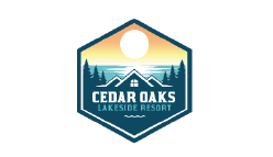 Logo of Cedar Oaks Lakeside Resort featuring a mountain, trees, a lake, and a sun