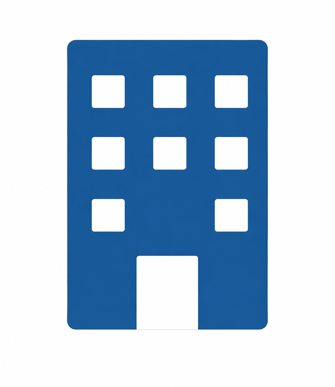 Icon of a blue multi-story building with a rectangular shape, nine windows, and an entrance at the bottom.