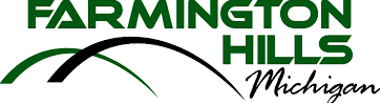 Farmington Hills, Michigan logo with green and black text and a stylized hill design.