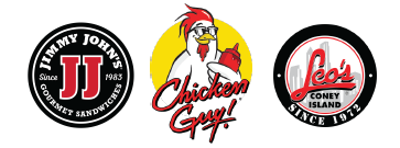 Three logos: Jimmy John's, Chicken Guy!, and Lee's on Coney Island.