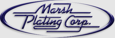 Marsh Plating Corp logo with stylized blue text and oval design
