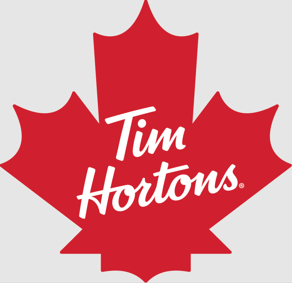 Tim Hortons logo with red maple leaf background and white text.