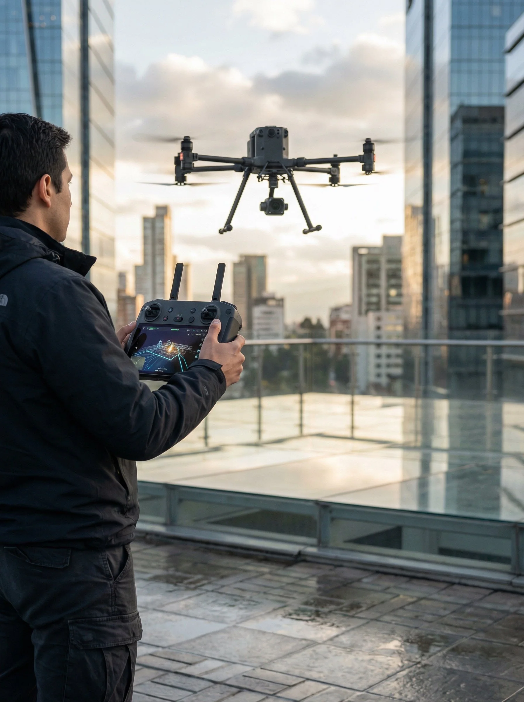 Hombre operando un dron en una terraza en ciudad, usando un control remoto y una pantalla con el mapa de vuelo.