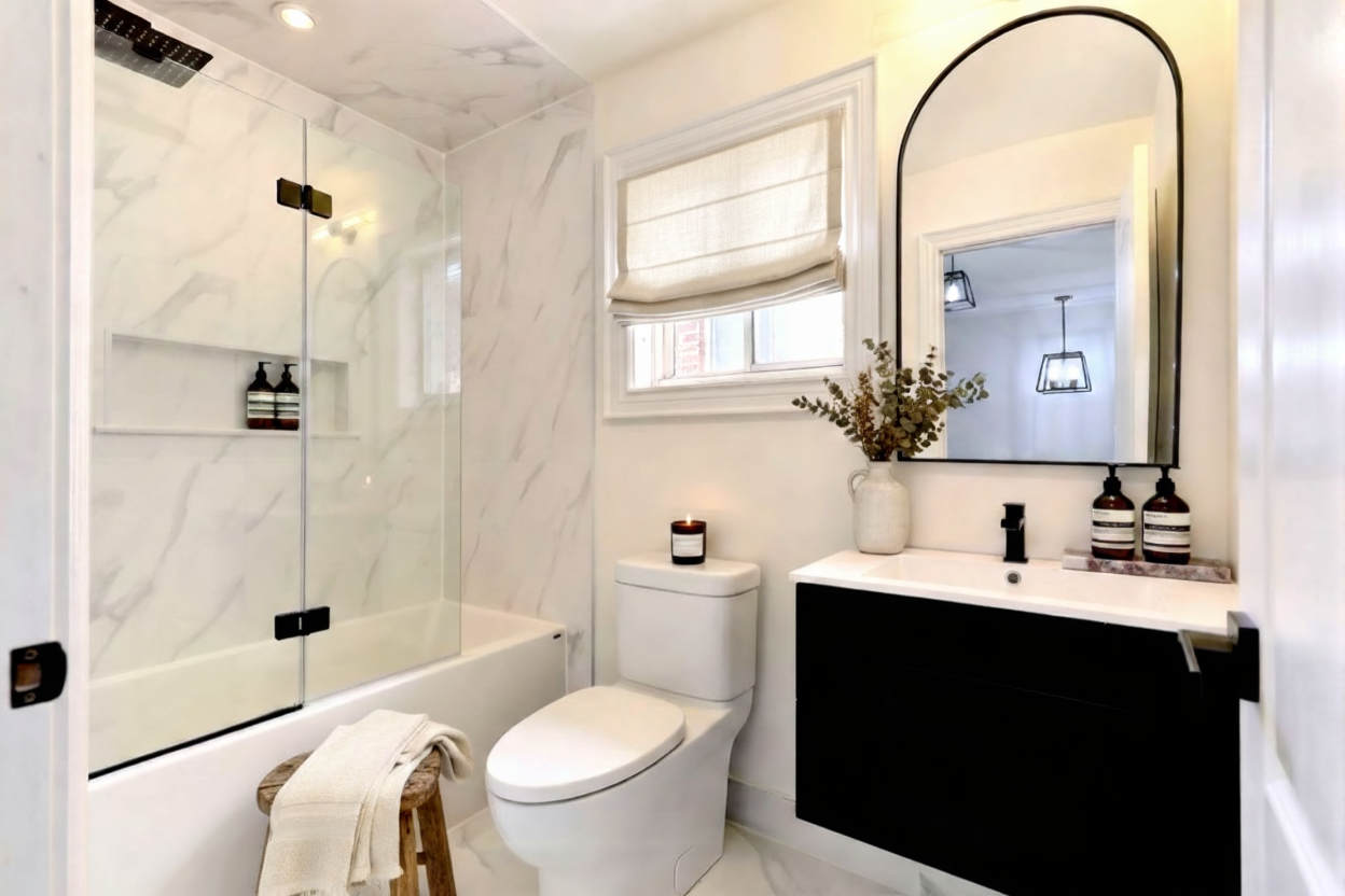 Modern bathroom with a glass-enclosed shower, a white toilet, a black vanity with a white countertop and a large arched mirror. There is a window with a beige shade, a vase with dried flowers, a candle, and two bottles of soap or lotion on the vanity. A towel is draped over a small stool in front of the bathtub.