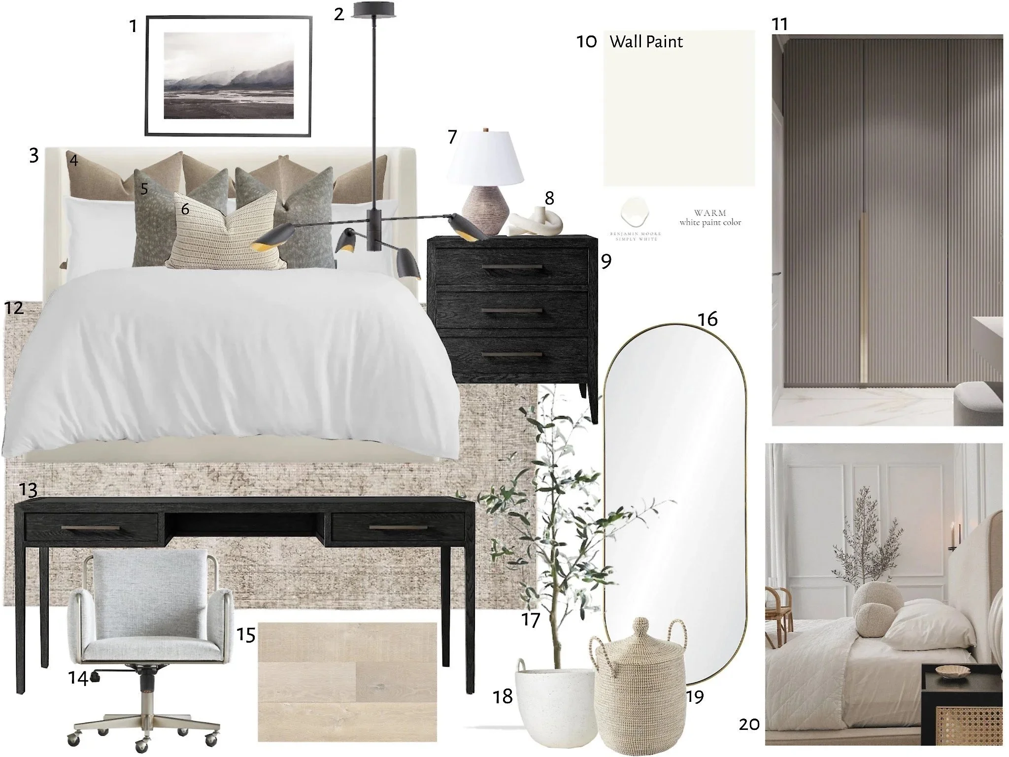 A bedroom interior design mood board with a neutral color palette including shades of white, beige, gray, and black. Features include a white bed with multiple pillows and an abstract landscape art above, a black bedside table with a table lamp, a black desk and chair, a large wall mirror, a potted plant, a wardrobe with vertical lines, and decorative objects such as a woven basket and candles.