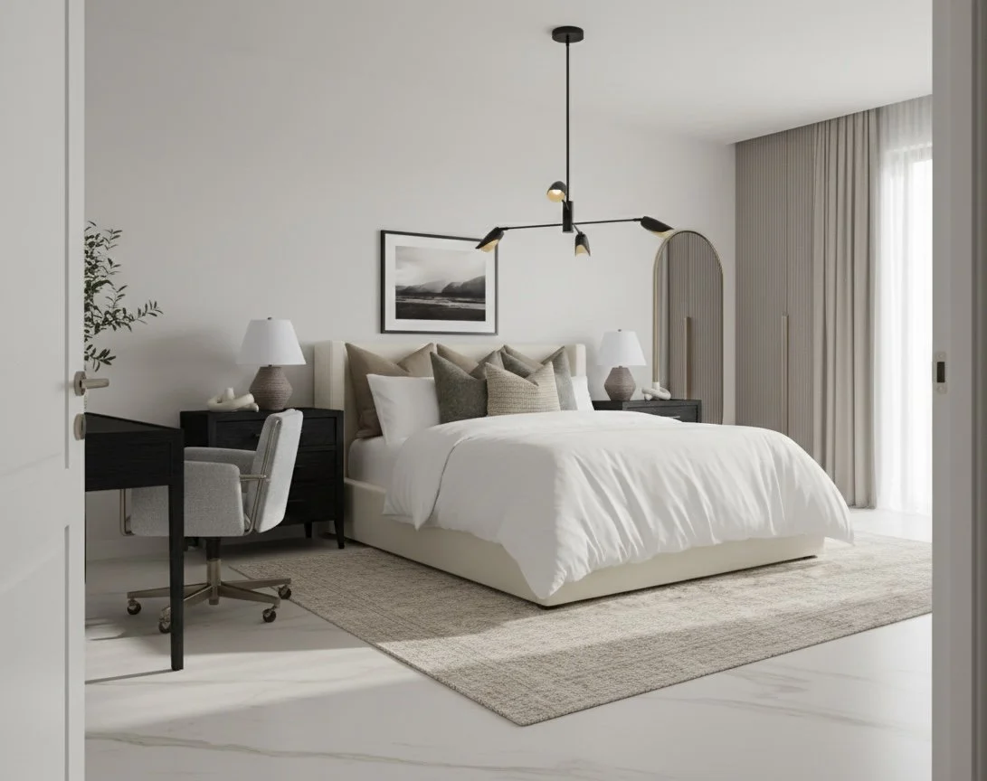 A modern bedroom with a large bed, multiple pillows, and white bedding. There are two black nightstands with lamps, a framed picture on the wall, a sitting desk with a chair, and curtains covering a window, with sunlight shining in.