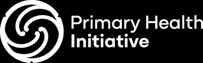 Primary Health Initiative logo with a spiral graphic and white text on a black background.