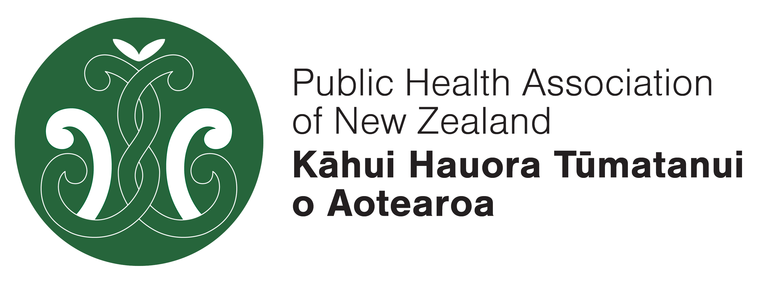 Logo of the Public Health Association of New Zealand, featuring a green circular emblem with white stylized koru and the organization's name in English and Māori.
