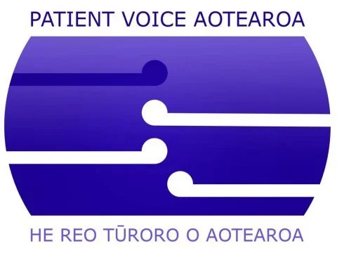 Logo for Patient Voice Aotearoa, featuring stylized sound waves with the organization’s name and tagline in Māori and English.