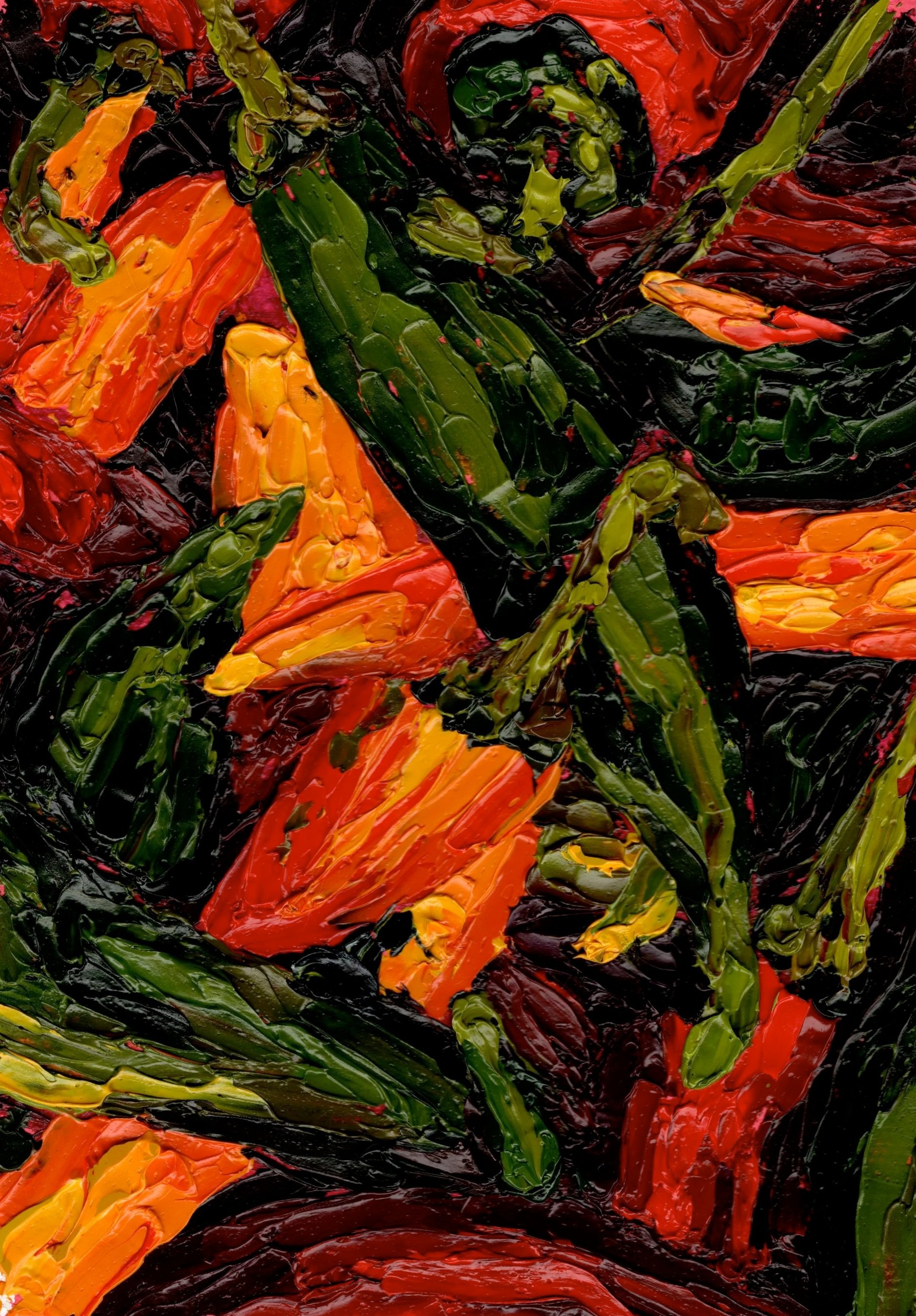 Close-up of an abstract oil painting with bold, textured strokes in red, orange, yellow, green, and black colors.