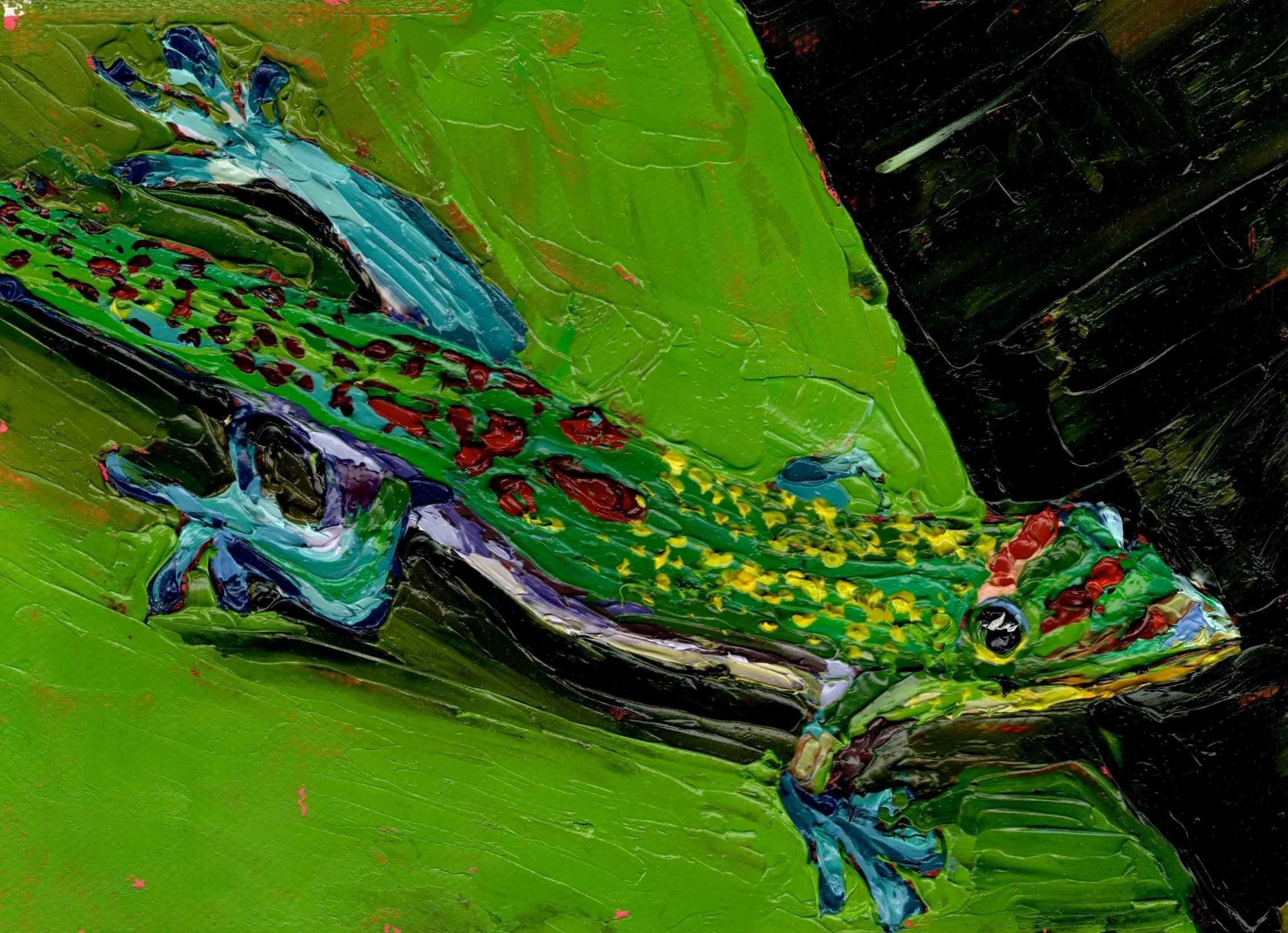 Close-up of an abstract painting with vibrant green, blue, black, yellow, and red colors. Thick paint strokes create swirling and textured patterns.
