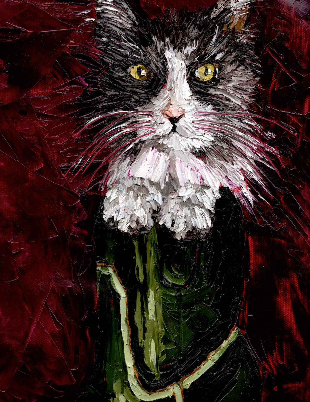 A painted portrait of a black and white cat with yellow eyes, surrounded by dark red and black abstract background.