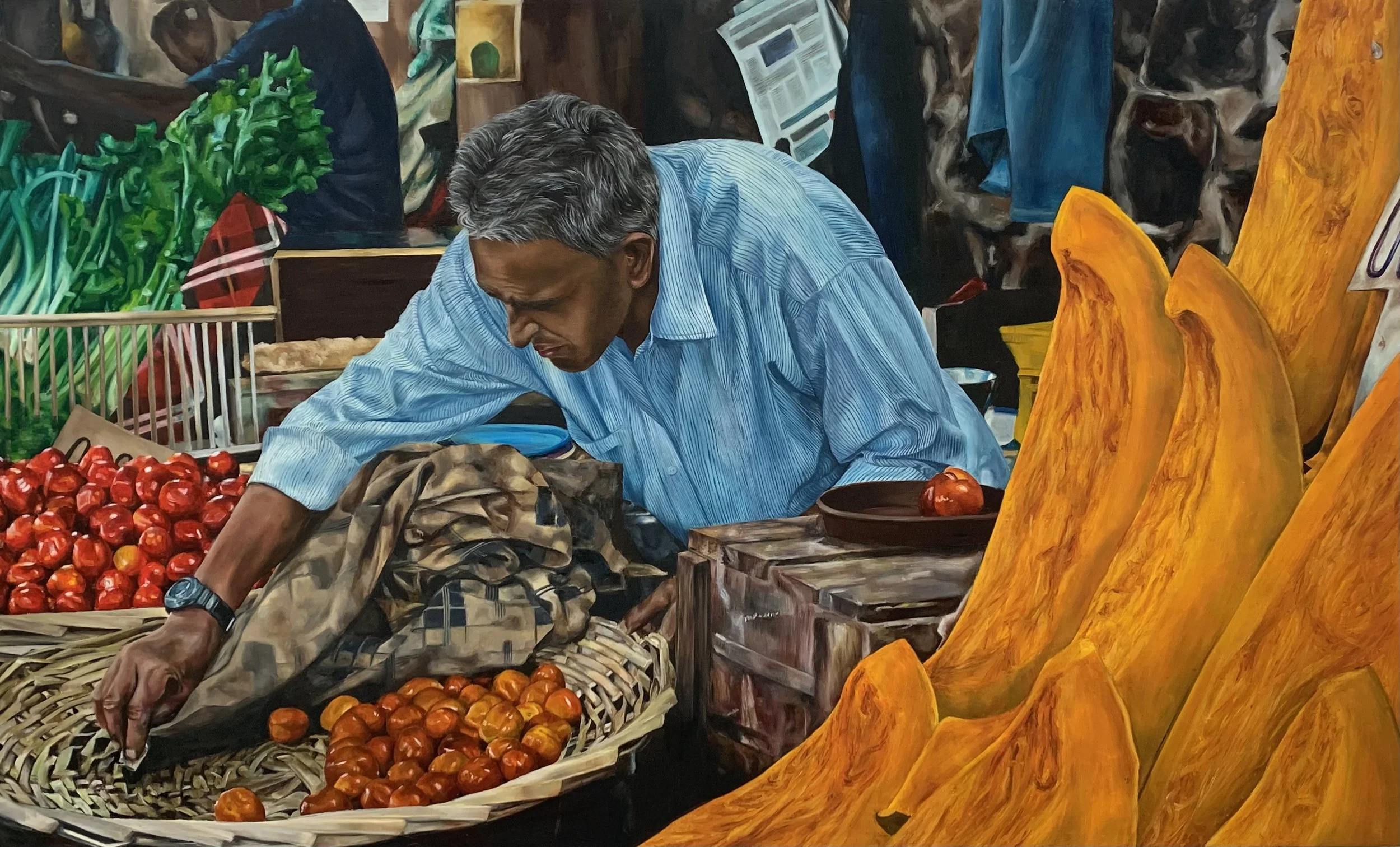 Bazaar Port Louis, Oil on Board, 100 x 61 cm, 2022
