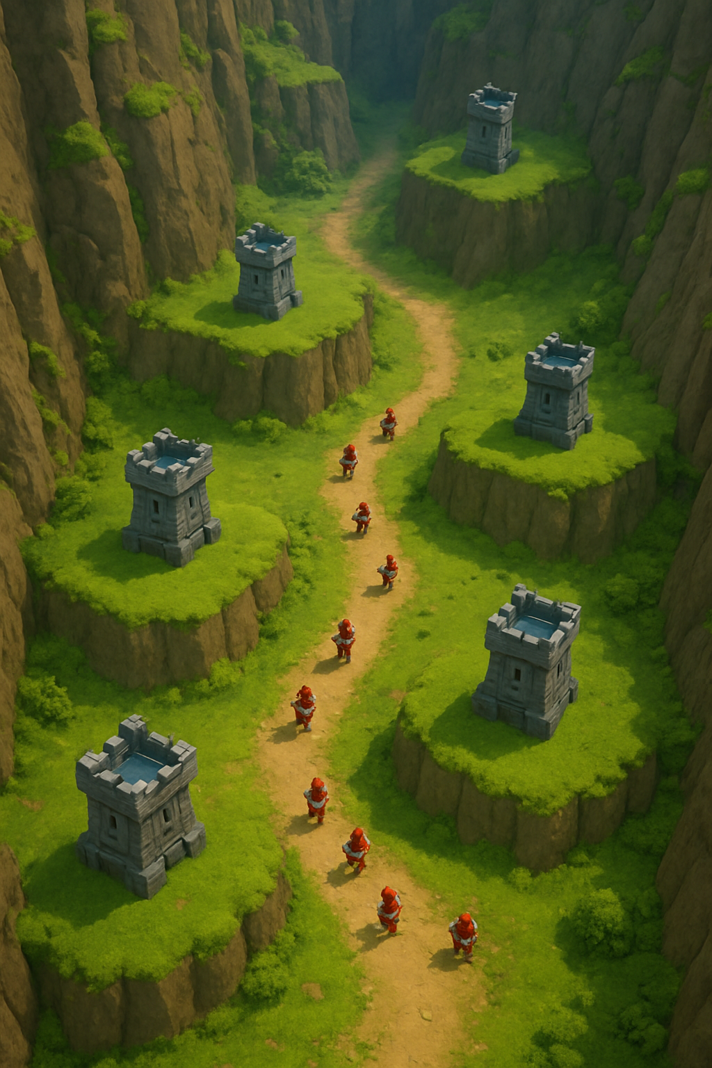 GARRISON tactical tower defense concept showing a winding valley path, towers, and advancing units