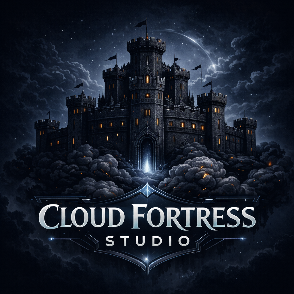 A dark, fantasy-style illustration of a large, gothic castle with towers and flags, illuminated from within and surrounded by clouds and stars. The image includes the text "Cloud Fortress Studio" at the bottom.