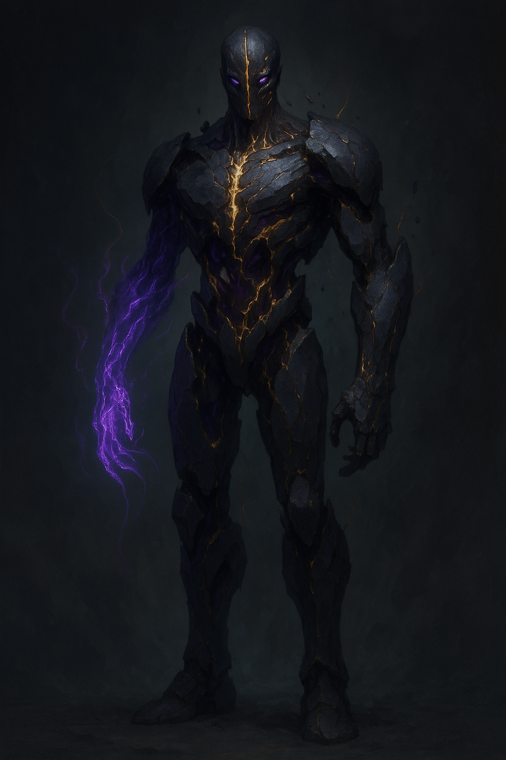 Varonis champion concept artwork featuring a fractured humanoid figure channeling blue energy