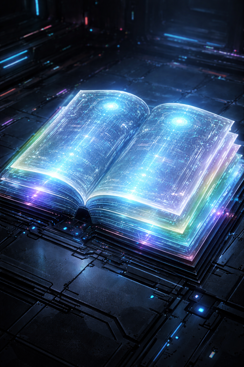 Glowing digital ledger book representing design documentation and iterative development at Cloud Fortress Studio