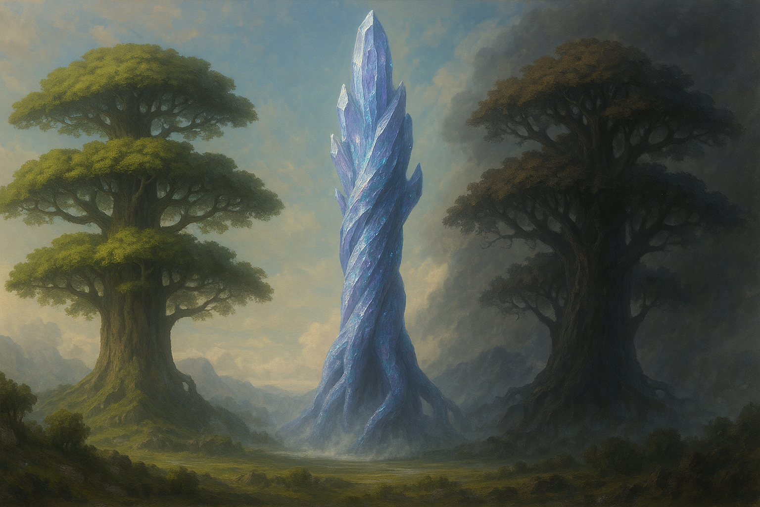 Skyroots fantasy world concept art featuring massive trees and a central glowing spire